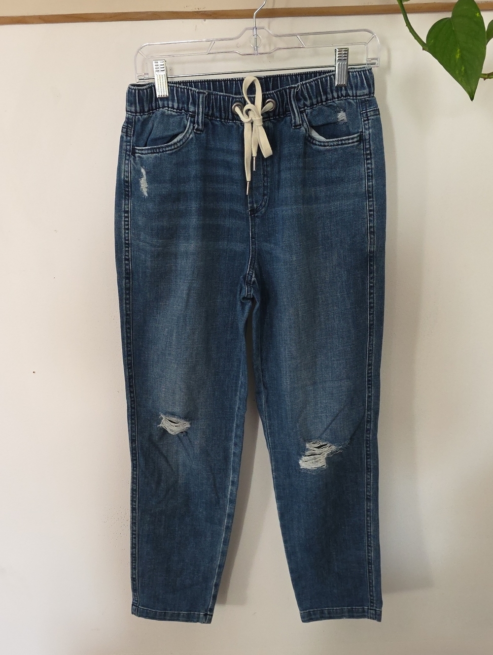 aerie Distressed Pull On Drawstring Boyfriend Jeans - Blue